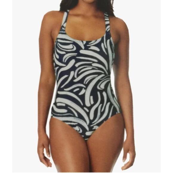 NWT Hurley Cross Open Back Pull On Padded Blue White Full Coverage Swimsuit M - Picture 1 of 7